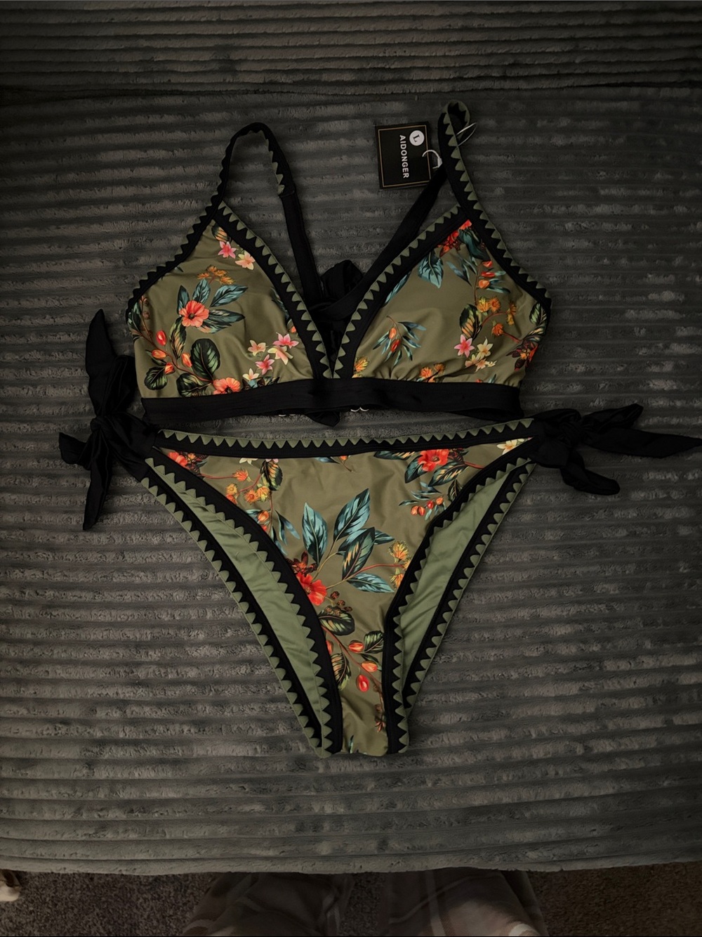 Aidonger Olive Floral Bandeau Bikini with Black Trim
